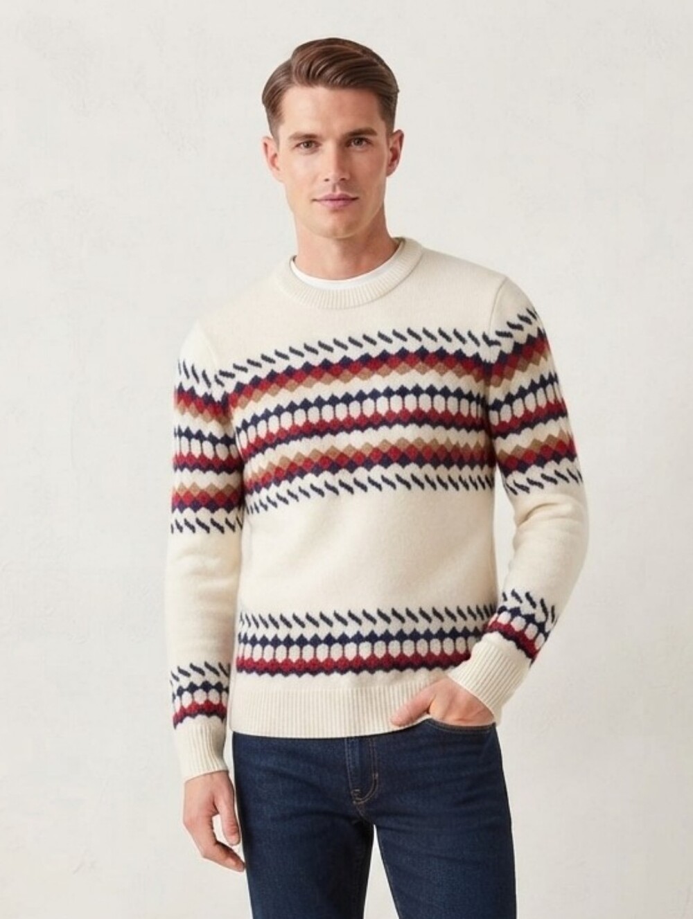 Ben Sherman Fair Isle Cream and Red Crewneck Wool Blend Sweater Men’s Small NWOT